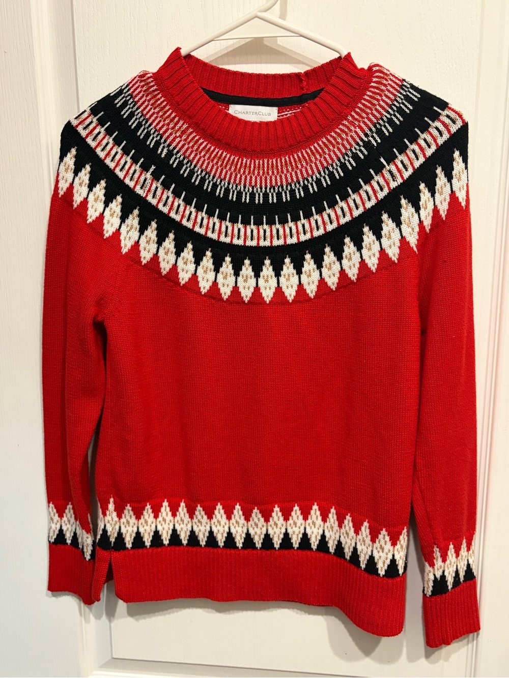 Charter Club Red Fair Isle Crewneck Sweater with Black & Cream Accents